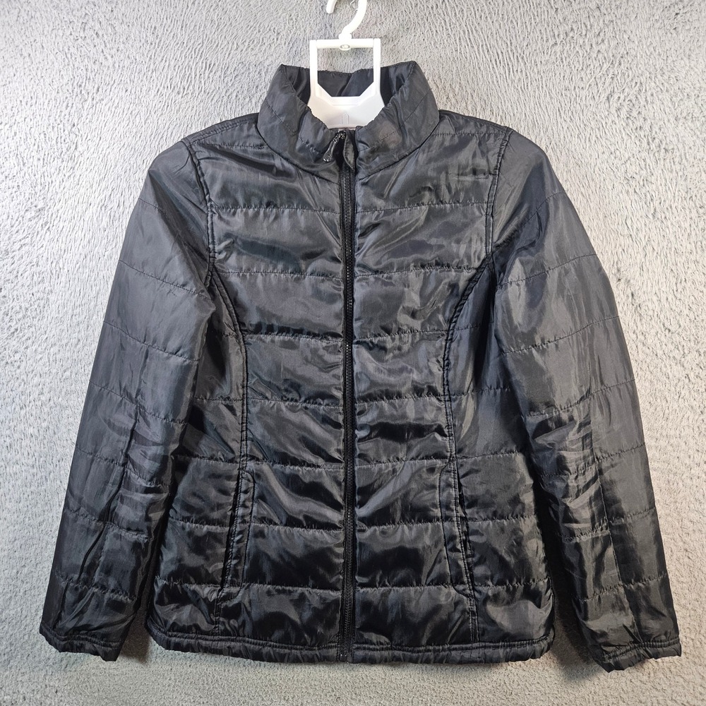 Magellan Outdoors Black Puffer Jacket Quilted Full Zip Mock Neck Women's M Flaw